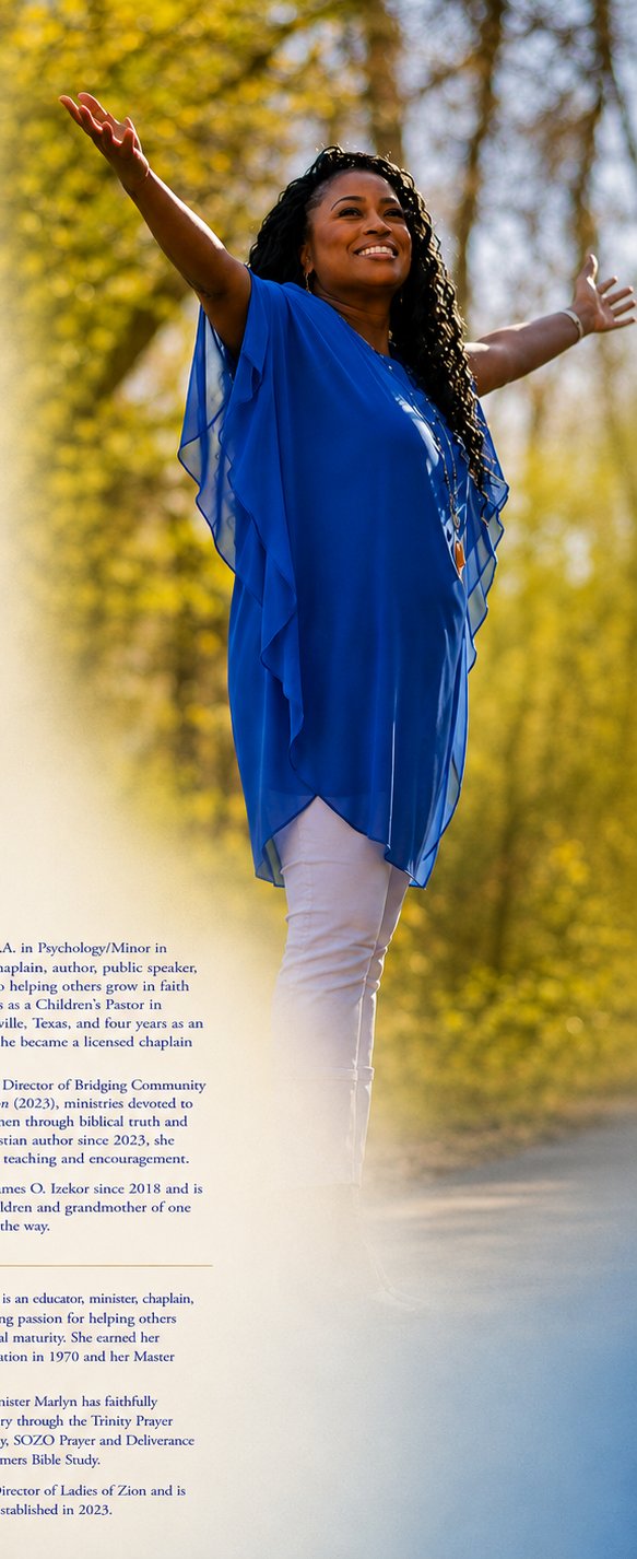 Pastor Karen Izekor with arms raised on a sunlit trail